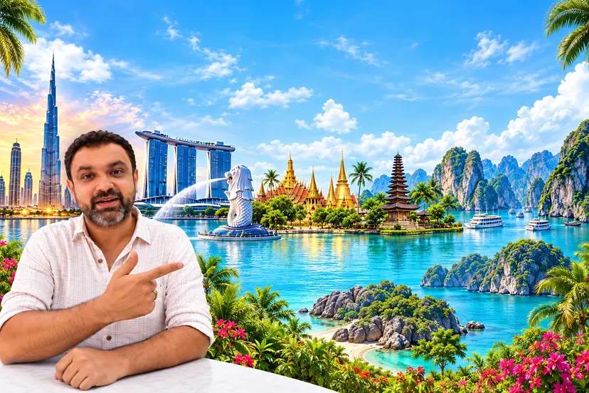 Honey Tongia, founder of Trip Tailor Holidays, pointing towards a collage of Dubai, Singapore, Thailand, Bali and Vietnam.