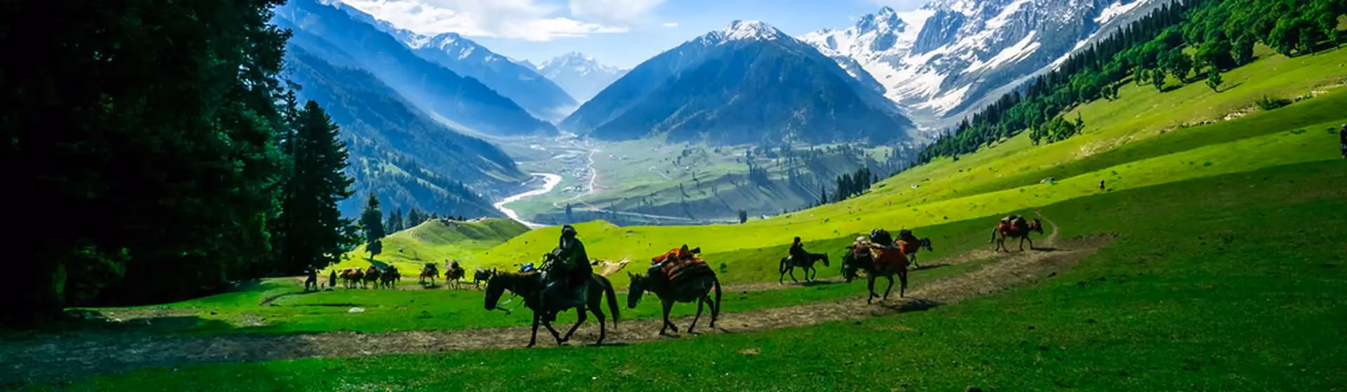 A green valley beneath snow-capped peaks