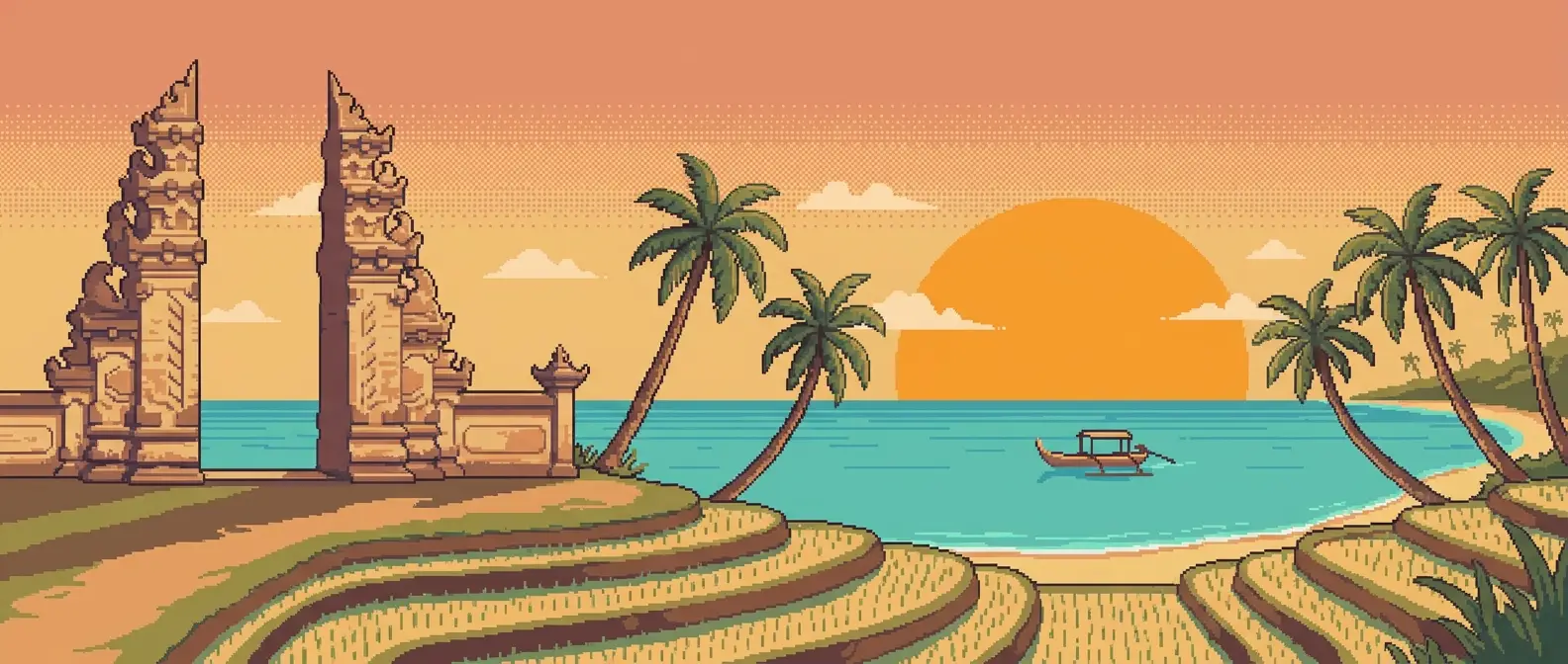 Pixel-art panorama of a Balinese split gate, palms and a boat on a turquoise bay at sunset