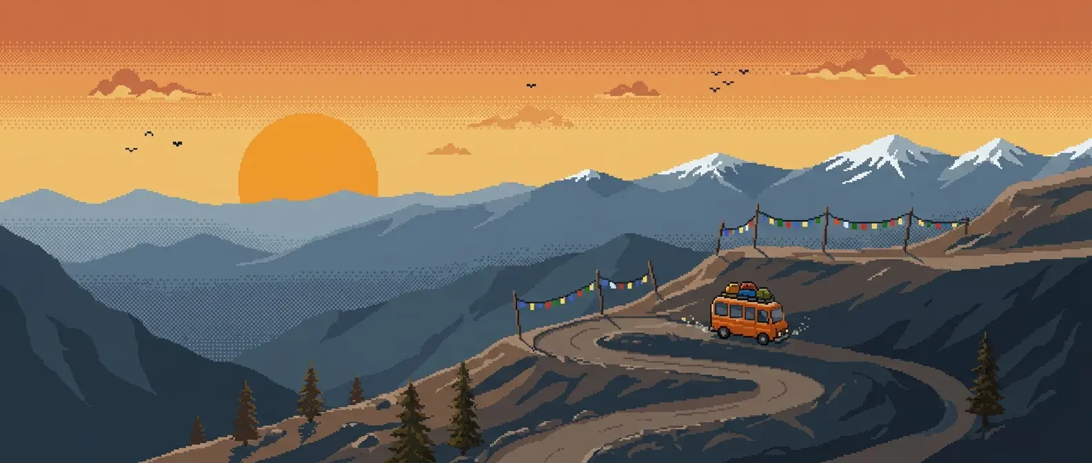 Pixel-art panorama of a tourist bus climbing a Himalayan pass at golden hour, prayer flags along the switchbacks